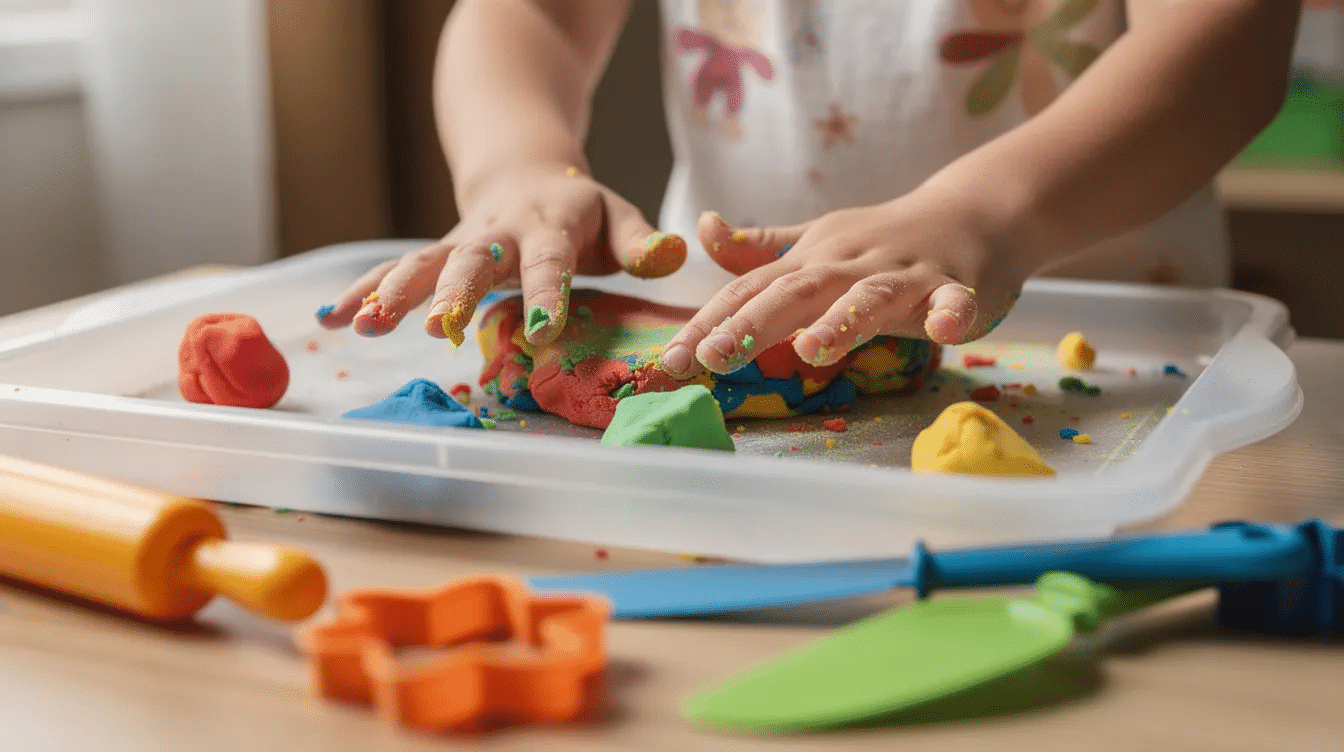 3b2e8e3d-9edb-4134-94b2-c3c87757a8cc A child's hands are pressing colorful playdough on a tray, surrounded by simple tools for creative play, perfect for developing fine motor skills and encouraging independent activities during quiet time. This engaging sensory play offers a fun way for toddlers to explore their creativity while enjoying a calm and focused environment.