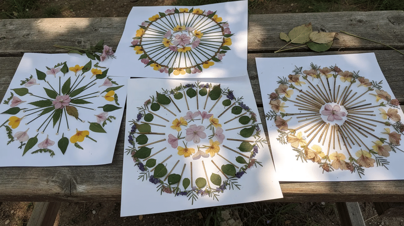 3da558a0-08e0-4f9d-88cc-a8b88a490914 An outdoor paper is decorated with circles made from flower petals, leaves, and small sticks, showcasing a creative nature craft idea for toddlers. This arrangement encourages younger kids to explore natural materials while developing their fine motor skills in the great outdoors.