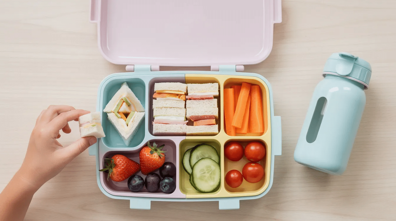 427cdd71-bf2b-4051-949b-f779303d1308 A colorful kids' lunch box is filled with small sandwiches made from whole grain bread, including options like cream cheese and cucumber, alongside slices of fruit such as thin apple slices and banana, and crunchy veggies like grated carrots and bell peppers. This delightful assortment is perfect for picky eaters and offers healthy sandwiches that kids will love.