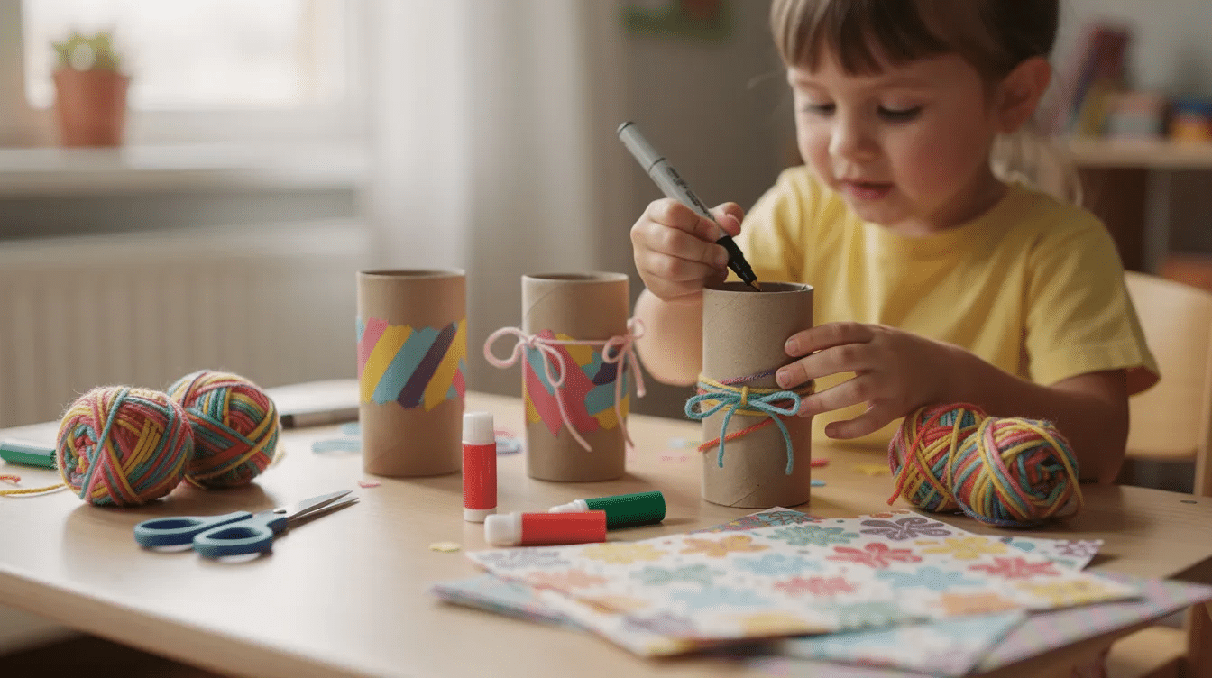 42955a35-11c0-4923-9c3c-7fe82bc96905 A child is joyfully decorating cardboard tubes with colorful paper, yarn, and markers to create adorable DIY cardboard animals, including a pig and a fox. The scene captures the creativity and fun of crafting with simple materials, as the little one adds googly eyes and finishing touches to their imaginative creations.