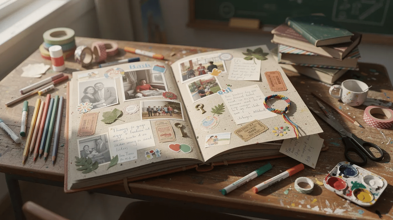 449fe1b0-b8fd-42a4-8f57-430faf8eb0eb An open scrapbook sits on a classroom desk, filled with photos, art supplies, and keepsake objects, inviting students to reflect on their favorite memories from the school year. This customizable memory book serves as a sweet keepsake for kids to document their growth and celebrate fun times with friends and teachers before the end of the year.