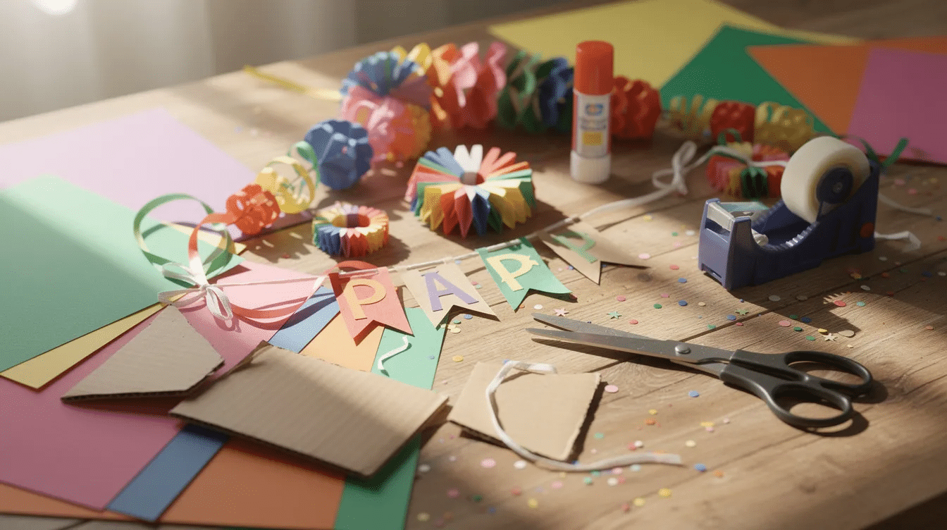 44d92347-99ec-43ef-ae60-e18128270857 A colorful homemade piñata made from a cardboard box is displayed on a table, surrounded by scissors, paper, and other crafting supplies. The piñata features vibrant layers of crepe paper and tissue paper, ready to be filled with small toys and candy for a birthday party celebration.