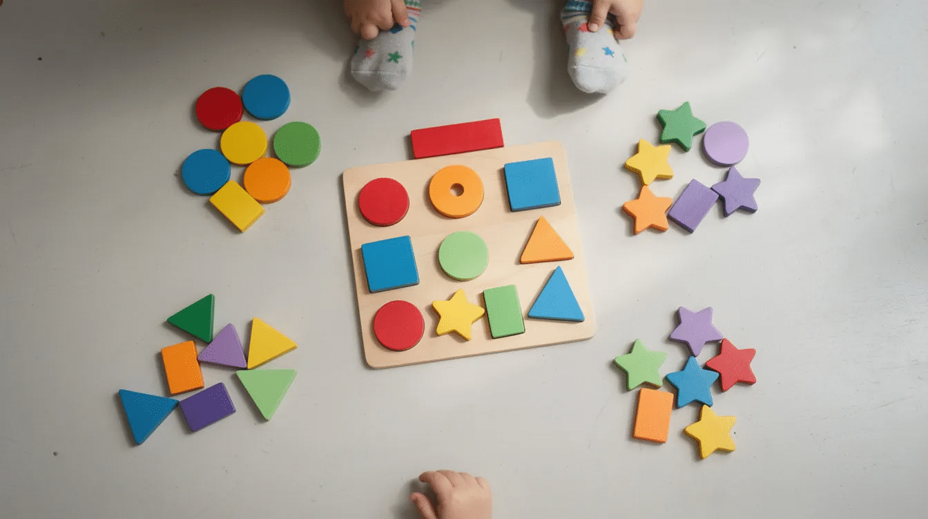 451ee5ae-25d5-4202-9aa9-919ed69df2f6 A variety of colorful cardboard shapes, including squares, triangles, and rectangles, are spread across the floor, ready for a toddler shape sorting activity. This DIY shape sorter offers a fun and engaging way for children to develop fine motor skills while identifying and matching different shapes.