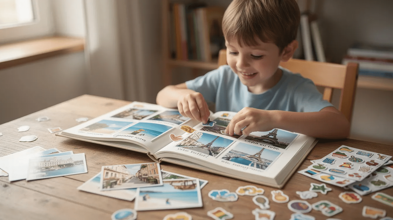 45a40bd9-fd16-418c-8659-57c80c21eb52 A child is joyfully adding colorful stickers and travel photos to a scrapbook page, capturing memories from their last vacation. The scene showcases their creativity as they organize their travel adventures and write funny stories alongside the pictures.