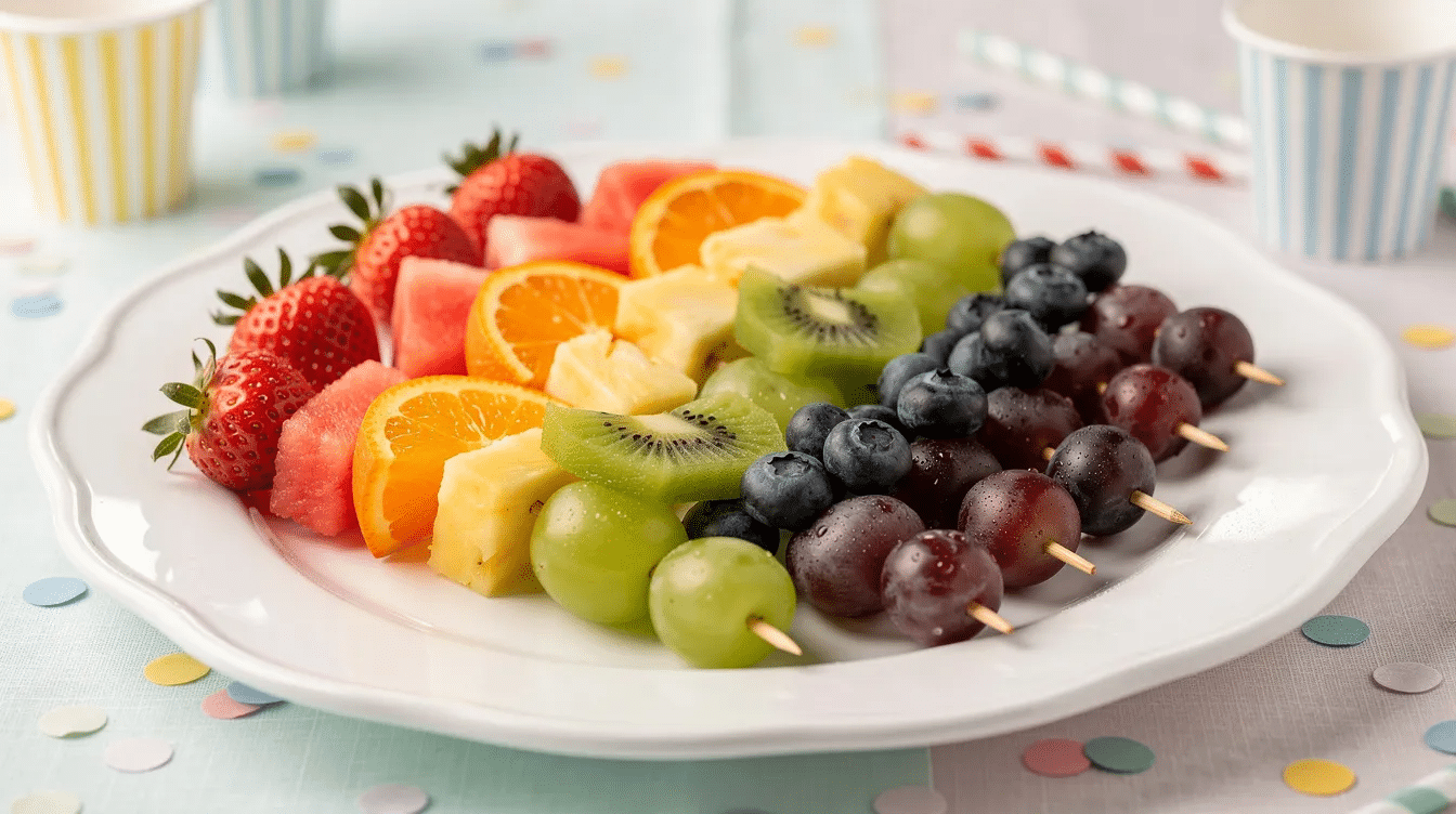 46453005-e84c-4deb-927d-d213fd59ae2a A vibrant display of rainbow fruit skewers is arranged on a white platter at a kids party table, featuring an assortment of fresh fruits like strawberries, green and purple grapes, pineapple, and watermelon. These colorful fruit kabobs make for a perfect healthy snack that kids love, inviting everyone to enjoy a fun and delicious treat.