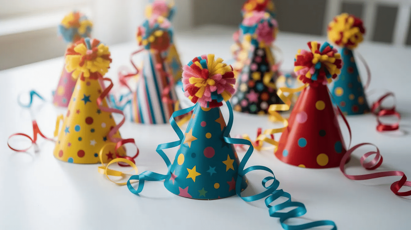 47cfeaac-9206-418c-aa5d-8819c0b4fe41 The image features a collection of colorful, decorated paper party hats in a cone shape, adorned with pom-poms, ribbons, and stickers, perfect for a DIY birthday party or kids' celebrations. These homemade party hats showcase creative designs, making them ideal party favors to help get the party started.