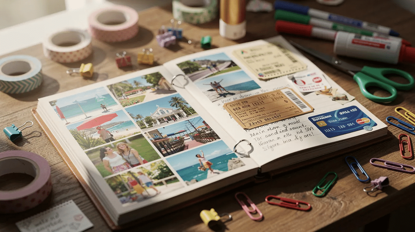 481ca340-da3f-4e1a-82df-321ee3af6767 An open travel scrapbook filled with colorful photos, ticket stubs, and craft supplies like washi tape and stickers, showcasing cherished travel memories and adventures from family vacations. This creative album invites you to start creating scrapbook pages that capture the favorite parts of your trips.