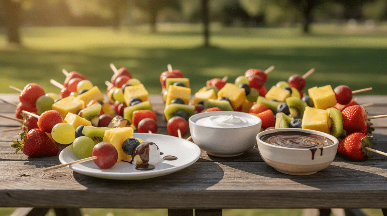 4942a192-e7b9-48c0-b076-9eacd491b59f A colorful display of homemade fruit skewers, featuring a variety of fresh fruits like strawberries, green and purple grapes, and watermelon, is arranged on a picnic table. Small bowls of creamy vanilla yogurt dip and rich chocolate sauce accompany the fruit kebabs, making them a perfect healthy snack for kids at a fun outdoor gathering.