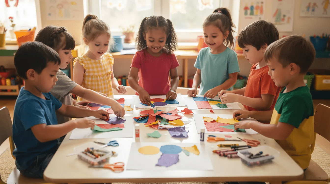 499b2f9a-e4e2-42a3-ae86-9d650430ee9a A group of children joyfully arranges colorful torn paper pieces on a craft table, engaging in a fun torn paper collage project that enhances their fine motor skills and creativity. The vibrant scraps of construction paper are spread out as they explore different designs and work together to create their masterpieces.