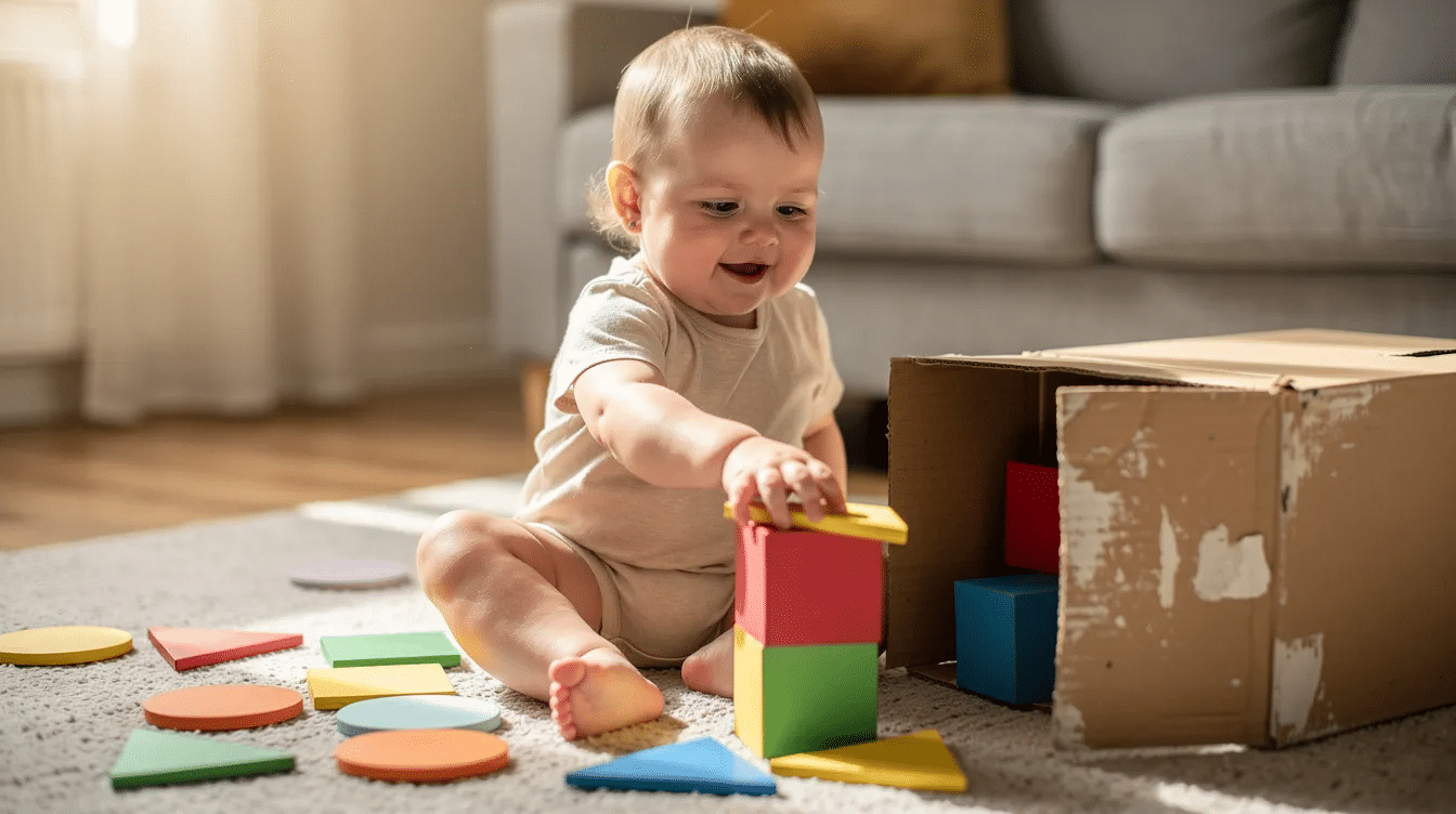 4a2abfed-bfb3-4d62-8f9b-c19d6abada24 A toddler is happily engaged in a shape sorting activity, playing with colorful homemade cardboard shapes next to a cardboard box. This fun activity helps develop fine motor skills as the child identifies and matches various shapes, creating a playful learning opportunity.