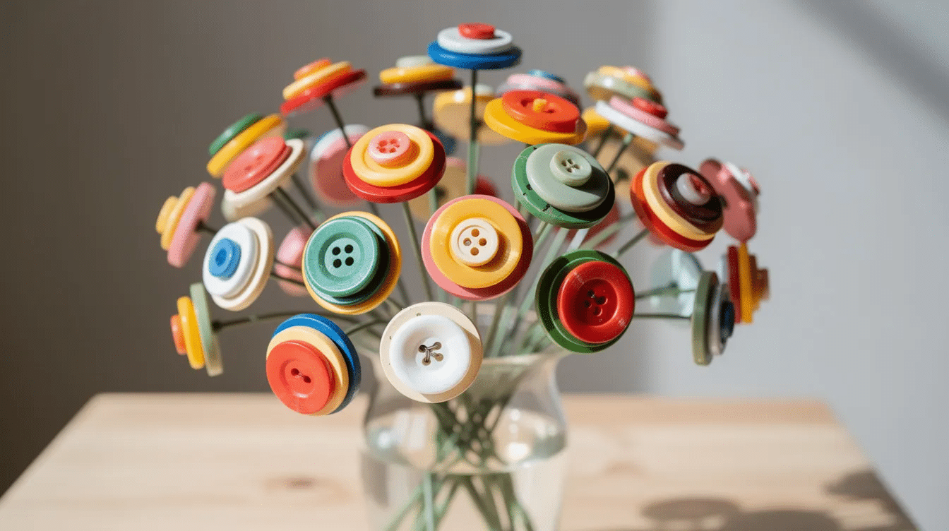 4a808c9f-b7fc-4e58-af6c-c1d9b9955e0f The image features a handmade button bouquet arranged in a clear glass vase, showcasing colorful layered button flowers made from gorgeous vintage buttons. This creative button art project is a fun way to repurpose old buttons into a unique piece of home decor.