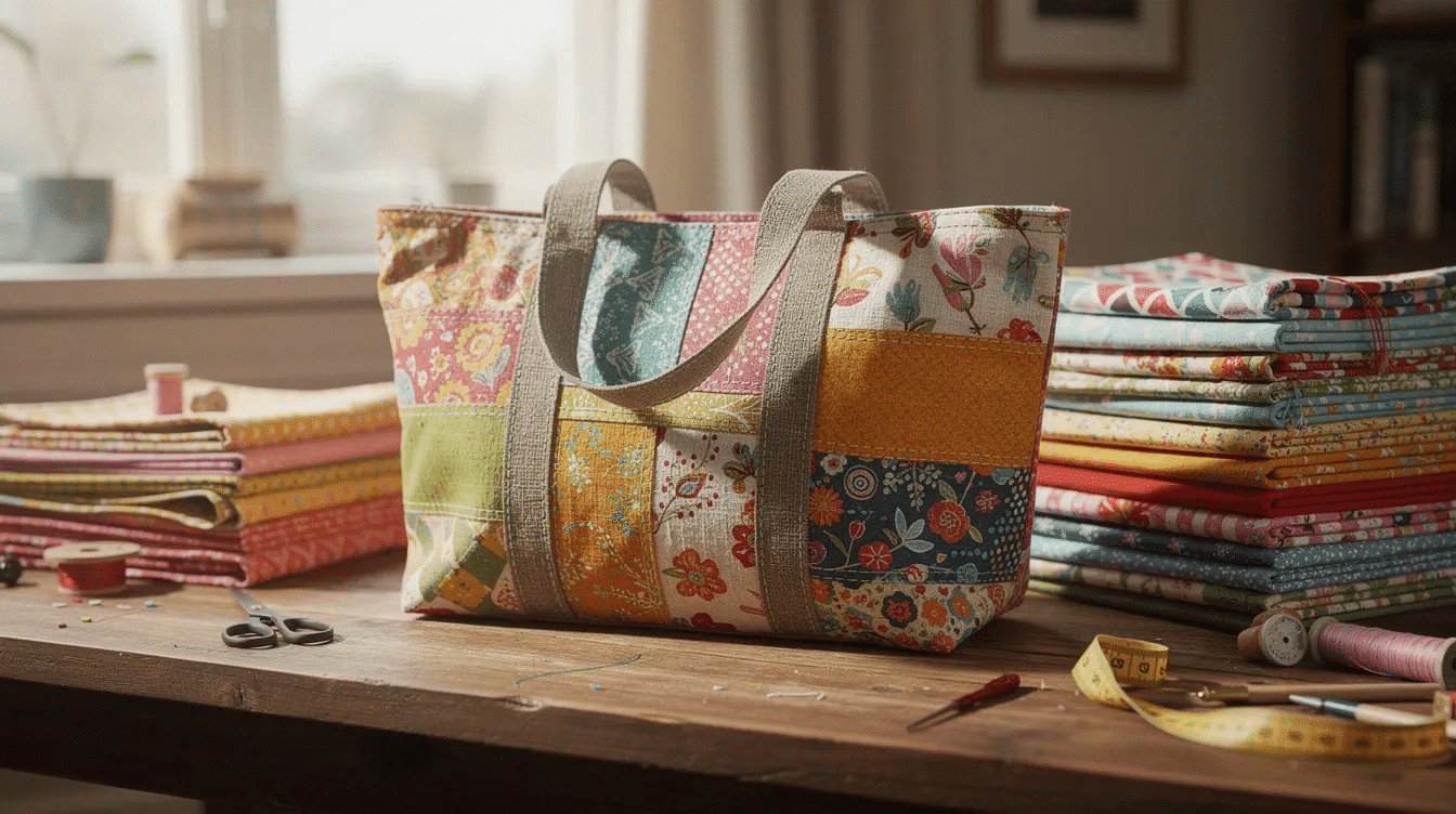 4b336d34-be66-4d13-b770-000745a5263f A colorful handmade tote bag is displayed on a craft table, surrounded by neatly folded fabric, showcasing a fun sewing project perfect for beginners and kids. This vibrant scene inspires creativity and highlights easy sewing projects that can be shared as thoughtful gift ideas.