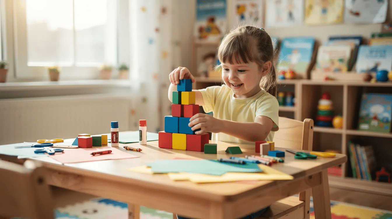4e38a7f5-2f11-47a2-977e-2fefb5560f6b A preschool child is engaged in fine motor skills activities at a table, playing with colorful blocks and various craft materials. The scene encourages creativity and supports fine motor development through hands-on exploration with small objects.