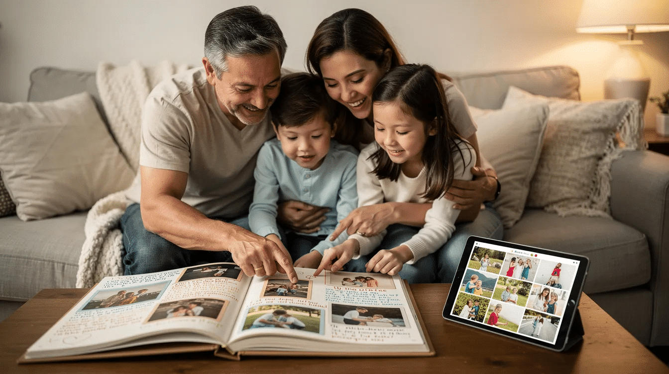 4e4f7c62-7747-4153-9e85-e41a72a1ec92 A family is gathered around a scrapbook, flipping through pages filled with family photos and decorative paper, while a tablet rests nearby, suggesting they are exploring creative ways to preserve their special memories. The scene captures the joy of reminiscing about past family vacations and school events, with colorful stickers and embellishments enhancing their scrapbook experience.