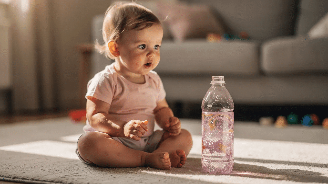 4f1e54cd-9e7a-43a5-ba15-14ae47bb30c5 A toddler sits on a colorful rug, captivated as they watch a glitter sensory bottle filled with shimmering glitter and small toys swirl around. The clear plastic bottle, securely sealed, provides a mesmerizing display of sensory input, perfect for calming and engaging young children.