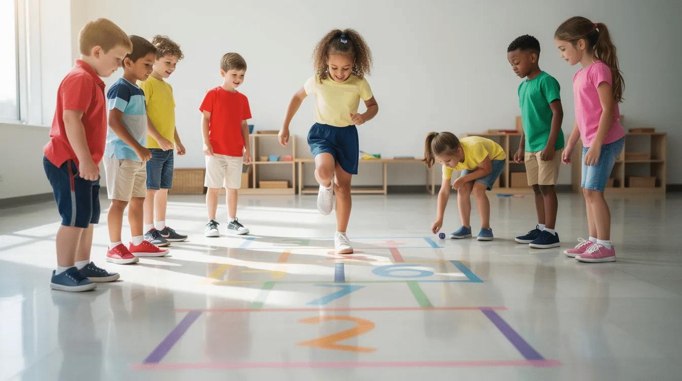 5001e38d-97b3-41f3-9023-0632fd14260d A group of children joyfully playing on a colorful hopscotch grid made from decorative adhesive tape on a clean indoor floor, showcasing vibrant colors and geometric patterns. This fun activity highlights the creativity and joy of washi tape crafts for kids, providing an engaging way to play and learn together.