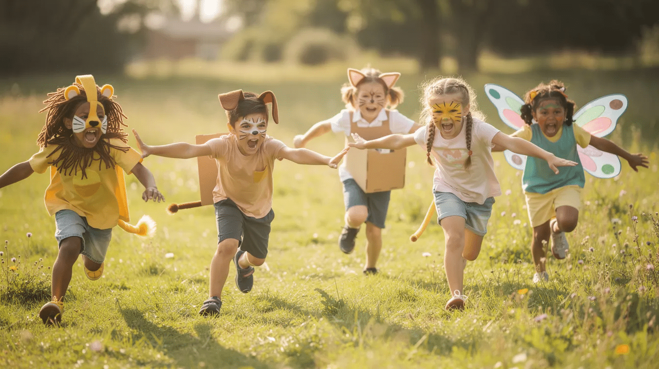 508df60c-4cc2-4614-aa07-1e6a973ea75b A group of energetic younger kids is racing across a lush green grass field, pretending to be various animals in a fun game. The children are engaged in outdoor play, showcasing their imagination as they mimic the movements of their favorite creatures in this lively outdoor activity.