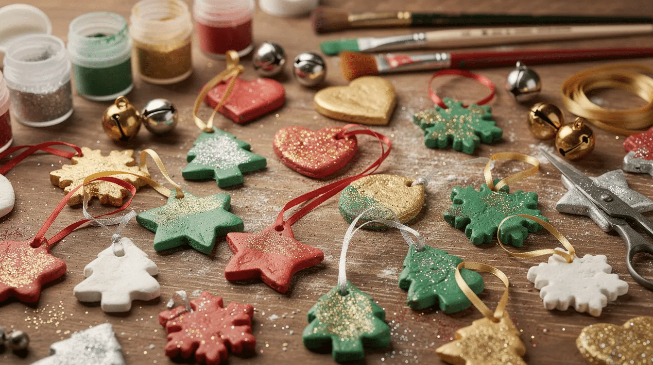 51e67253-56e1-447e-9852-f05a47a56a0f A colorful assortment of painted salt dough ornaments is displayed on a craft table, featuring various brushes, glitter, ribbons, and small bells, all ready for decorating. The setup invites creativity, showcasing the fun craft of making homemade salt dough ornaments.