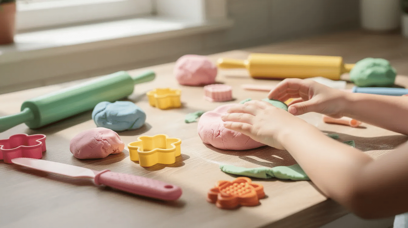 55294820-88c9-45bc-a93b-eddaf46ede36 The image shows a colorful assortment of homemade play dough alongside various child-safe craft tools, all neatly arranged on a kitchen table. This setup is perfect for imaginative play and sensory experiences, making it an ideal choice for fun indoor activities for kids.