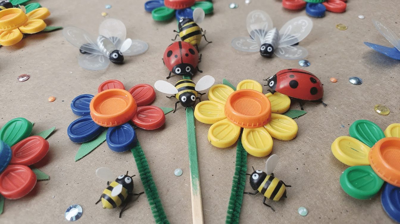 57b43157-5a2d-4f3c-8d00-5082d20af356 The image features a vibrant display of colorful bottle cap flowers and insects arranged on a craft surface, showcasing various plastic and metal caps transformed into creative art pieces. This playful and imaginative setup serves as inspiration for easy bottle cap crafts that kids can enjoy.