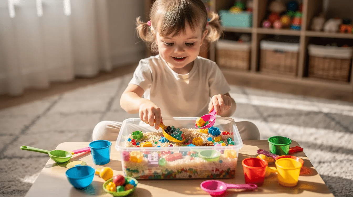 59494c4e-5ba7-4f28-9033-35eb6158c7c7 A young child is happily engaged in a sensory bin filled with colorful materials, using small scoops to explore and play. This screen-free activity encourages creativity and sensory exploration, making it a fun option for indoor play.