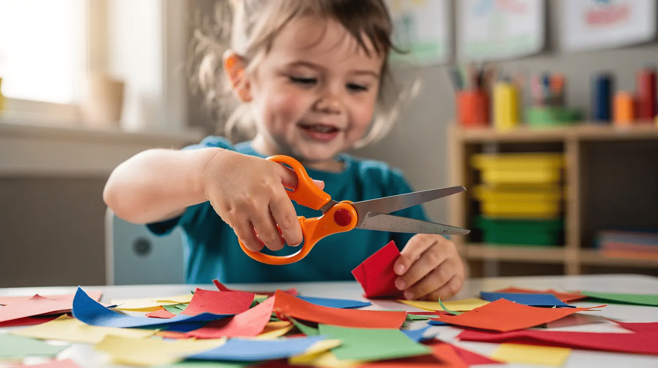 59a9041a-f1e1-4b35-97db-9524d3210a04 A child is engaged in a craft activity, carefully cutting colorful paper with child-safe scissors, which helps improve their fine motor skills and hand-eye coordination. The vibrant paper pieces scattered around enhance the creative atmosphere of the preschool setting.