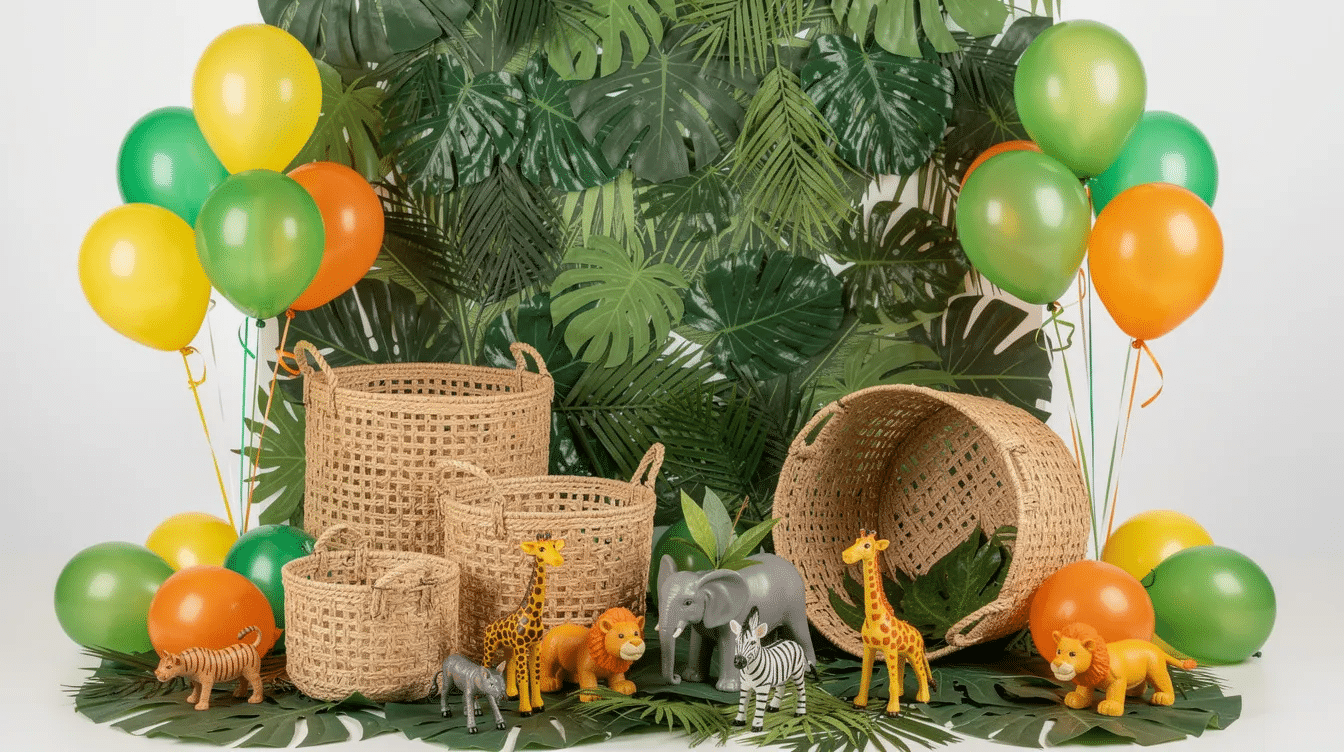 5a376300-520c-43e9-8bae-b3f4d5e82e4f A vibrant display of layered green leaves, colorful balloons, and baskets filled with toy safari animals are arranged as DIY jungle decorations for a birthday party. This festive setup creates a fun and wild atmosphere, perfect for a jungle-themed celebration.