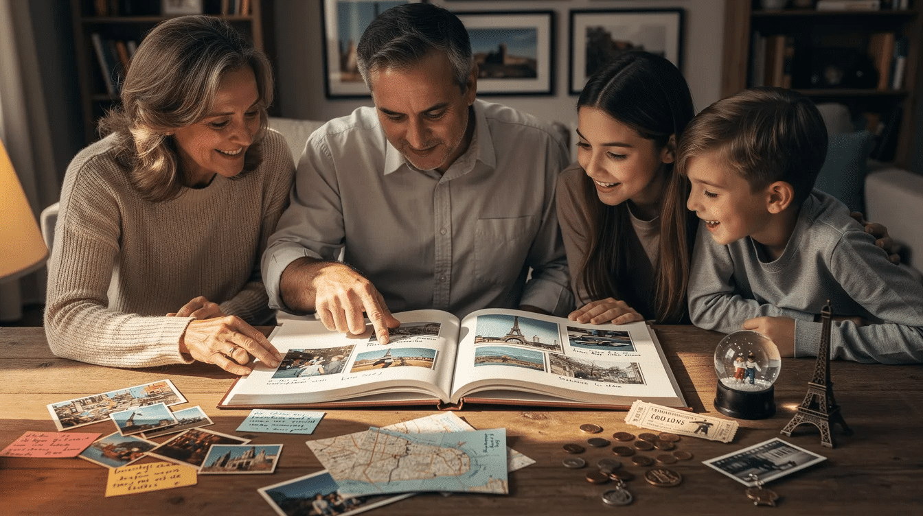 5a651576-3f45-4812-85d8-134480d9c0cc A family is gathered around a table, joyfully looking through a scrapbook filled with travel memories, while nearby, travel keepsakes like ticket stubs and postcards are scattered. This scene captures the essence of sharing funny stories and planning for their next trip, showcasing their love for scrapbooking and preserving their vacation adventures.