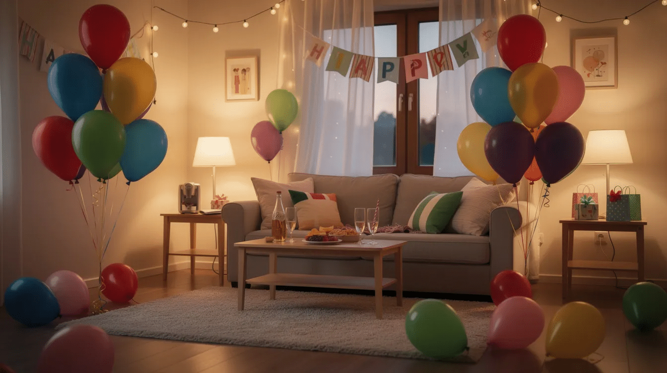 5bb7d79d-3d1e-4e72-a769-13859b9005f7 The image features a cozy living room adorned with colorful balloons, creating a festive atmosphere for a birthday party. A vibrant balloon garland stretches across the wall, while various inflated balloons in different shapes and sizes add visual interest, making it a perfect setting for celebrating special moments.
