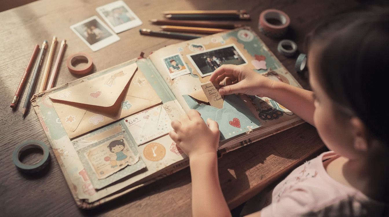 5bc2917d-ecb3-4872-ae16-df1f249f2a96 A child is joyfully opening colorful envelopes and pockets inside a scrapbook filled with family photos and decorative paper, exploring creative ways to preserve special memories from family vacations and school events. The scrapbook showcases various layouts with ticket stubs, stickers, and embellishments, making it an adorable collection of cherished moments.