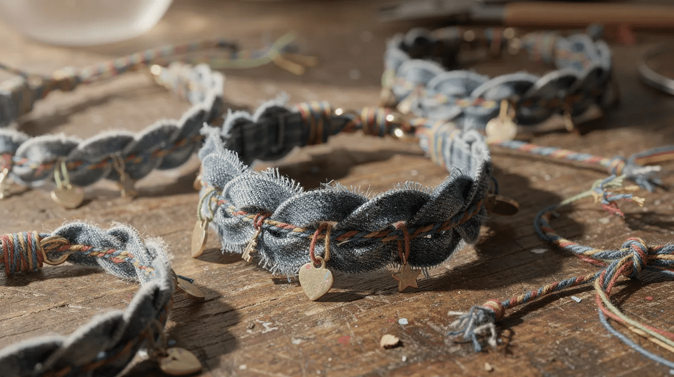 5bf65e74-7208-41a2-8e4f-f2de76405cad The image features a colorful craft table adorned with braided denim bracelets, each embellished with small charms and vibrant threads, showcasing creative upcycled denim projects perfect for kids. Scattered around are denim scraps and other crafting materials, highlighting fun and imaginative ways to repurpose old jeans into stylish accessories.