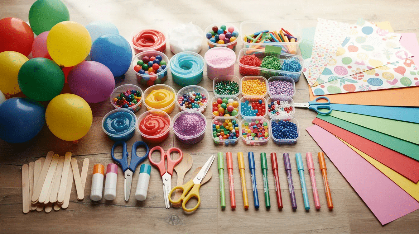 5d169393-48ec-46ad-8f23-a6a2d42944ce A vibrant assortment of craft supplies is spread across a table, featuring colorful balloons, shiny pony beads, various paper materials, and glitter slime ingredients. This setup invites kids to explore creative ways to make DIY fidget toys and stress toys, keeping their hands busy with fun and engaging projects.