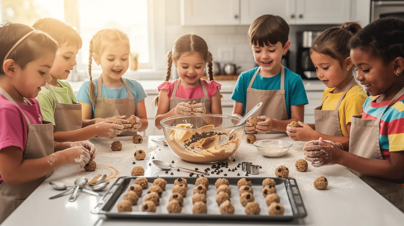 5d36bcd5-b803-4cdb-813a-f4f6b15e15f0 A group of kids is joyfully rolling peanut butter snack balls on a kitchen counter, using natural creamy peanut butter and other ingredients like oats and chocolate chips. The scene captures their excitement as they create these delicious energy bites, perfect for a healthy school snack.