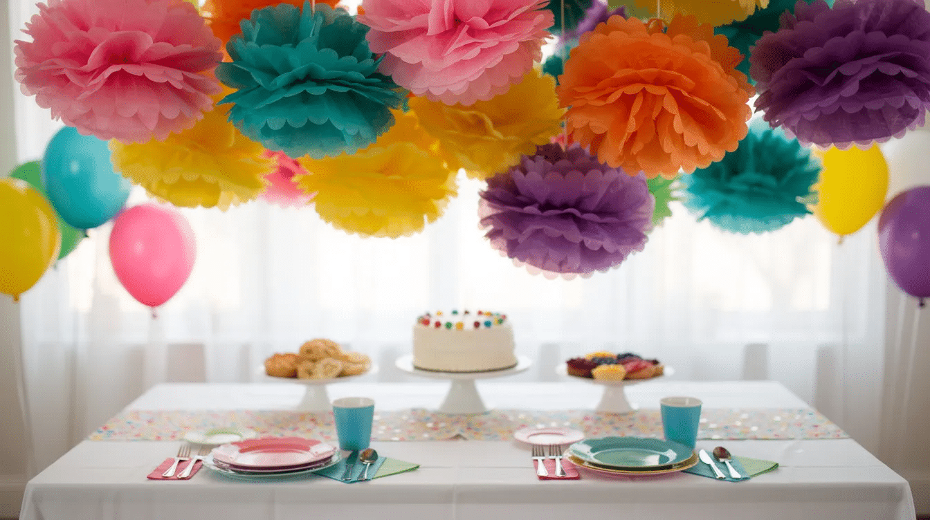 60007e11-f9cf-415c-b7e4-6b3419f2fa50 The image features colorful tissue paper pom poms hanging above a beautifully set party table, creating a festive atmosphere for a celebration such as a birthday party or baby shower. The pom poms, made from layers of tissue paper, add a cheerful touch to the DIY party decor.