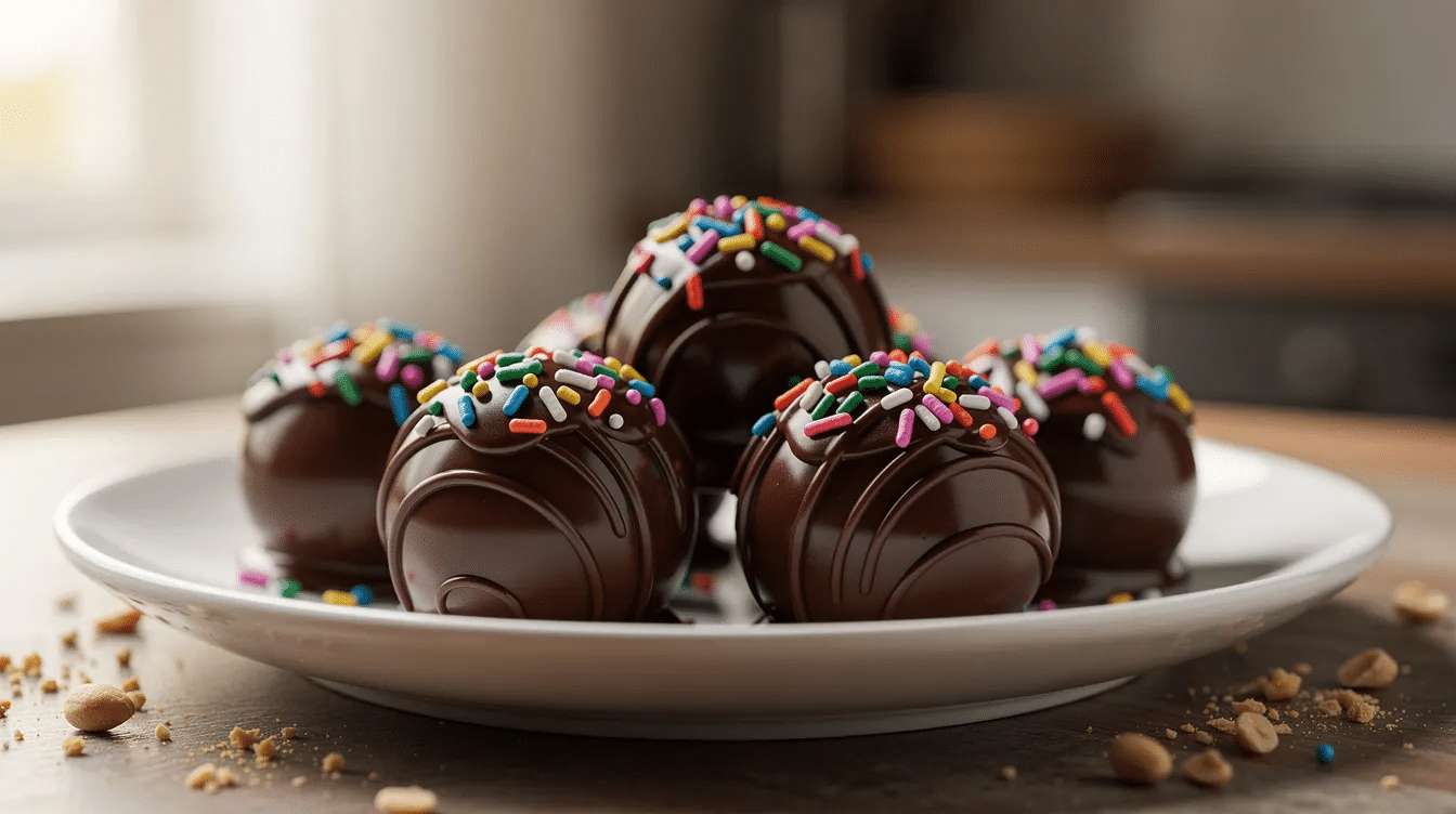 602fd130-dbc0-4da8-8134-70776f7f8c67 The image features a close-up of peanut butter balls, beautifully decorated with a glossy chocolate shell and vibrant colorful sprinkles. These energy bites, made with natural creamy peanut butter and rolled oats, look delicious and inviting, perfect for a quick snack or school treat for kids.
