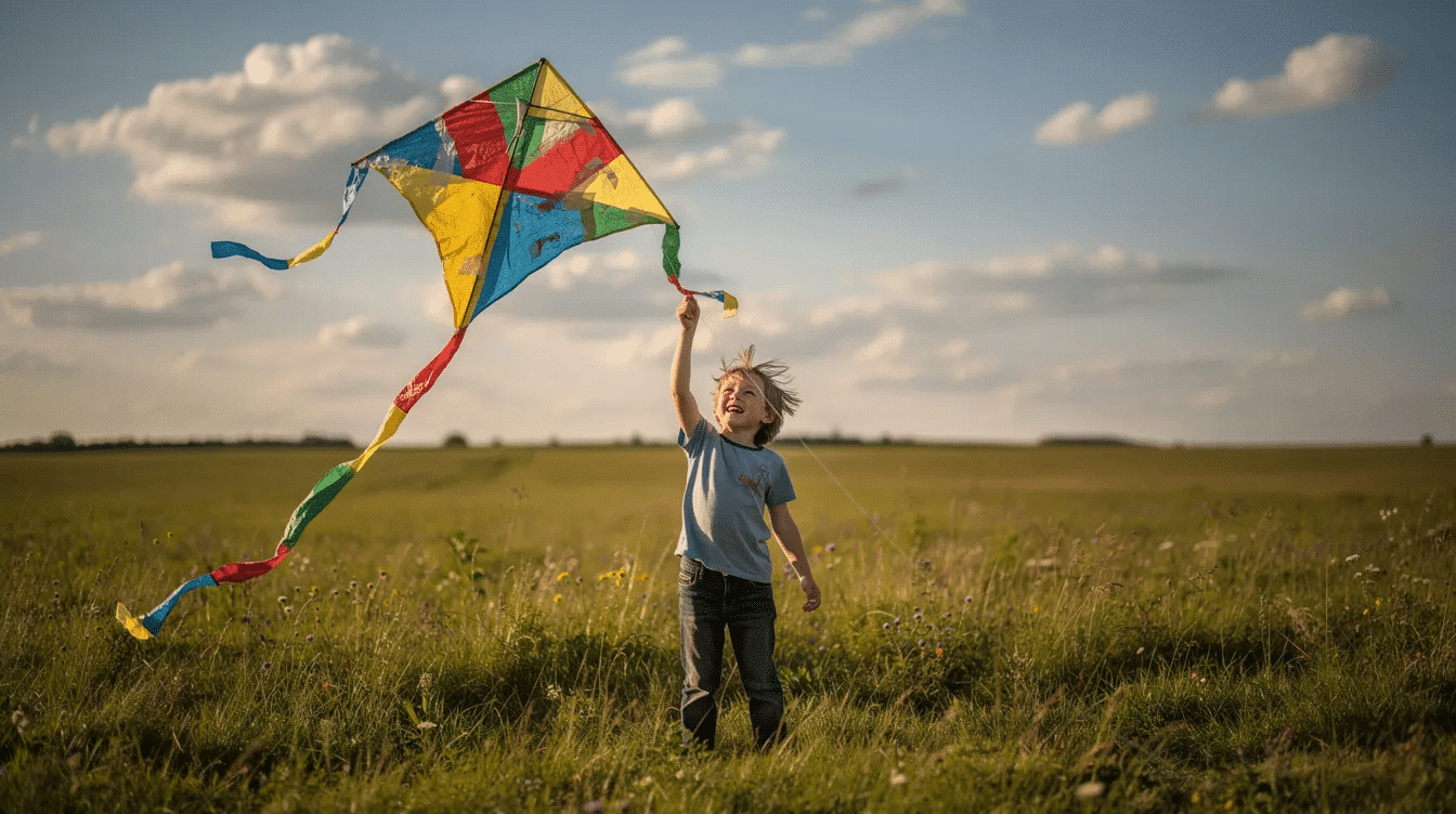 6357ef39-8679-4698-97ec-c2aa3a7b5ce7 A child stands in an open field, joyfully holding a colorful handmade paper kite, which has a diamond shape and a long tail. The kite is attached to a string, ready to fly high in the sky as the wind picks up, showcasing the fun of crafting with paper.