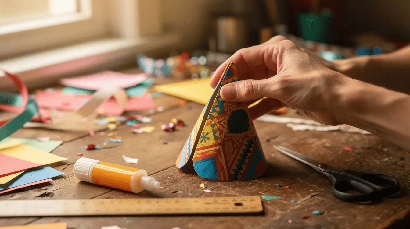 63dee2a8-455b-48ff-99ef-7ec67b831943 A pair of hands is shaping a colorful paper cone on a craft table, preparing to create a DIY birthday party hat. The vibrant construction paper and various crafting supplies suggest a fun atmosphere for making homemade party hats for kids' birthdays.