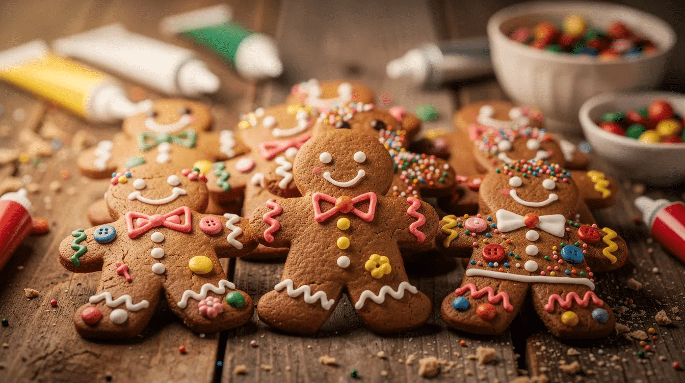 663526f1-f257-406c-a96d-1b6bcb71a73a The image features a collection of adorable gingerbread men decorated with colorful sweets and icing, arranged neatly on a table. These delightful gingerbread cookies showcase festive designs, making them perfect for the holiday season and enjoyable for kids to help decorate.