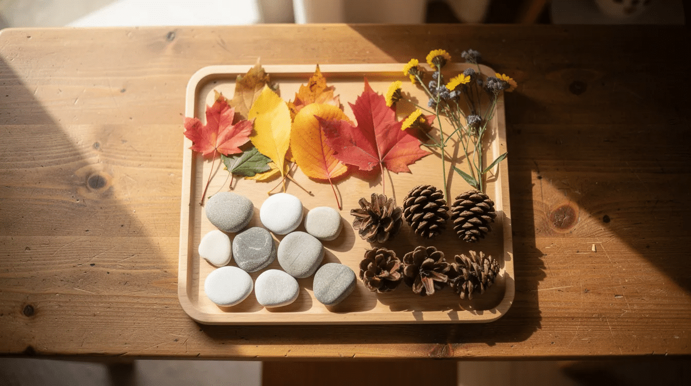 66e05a53-f8b0-4f10-b305-8cd96ee00f2d A wooden table displays a colorful arrangement of leaves, stones, pinecones, and flowers, perfect for a toddler nature tray. This setup serves as a great idea for an outdoor scavenger hunt, encouraging young kids to explore and discover natural objects while having so much fun.