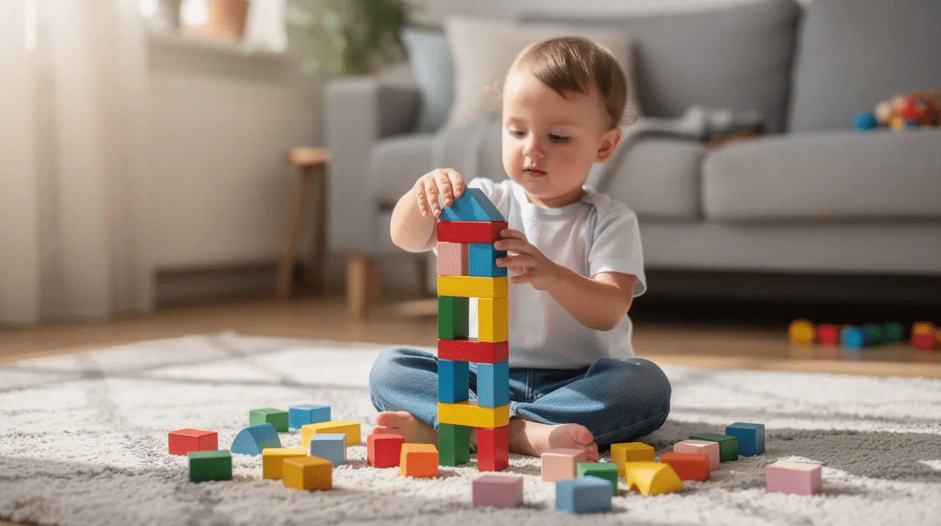 66e344f1-766d-41e2-b779-ee14550013ca A young child is sitting on a colorful rug, happily building a structure with vibrant blocks, showcasing an engaging screen-free activity that encourages creativity and fine motor skills. The scene captures the joy of play and exploration, perfect for indoor recreation.
