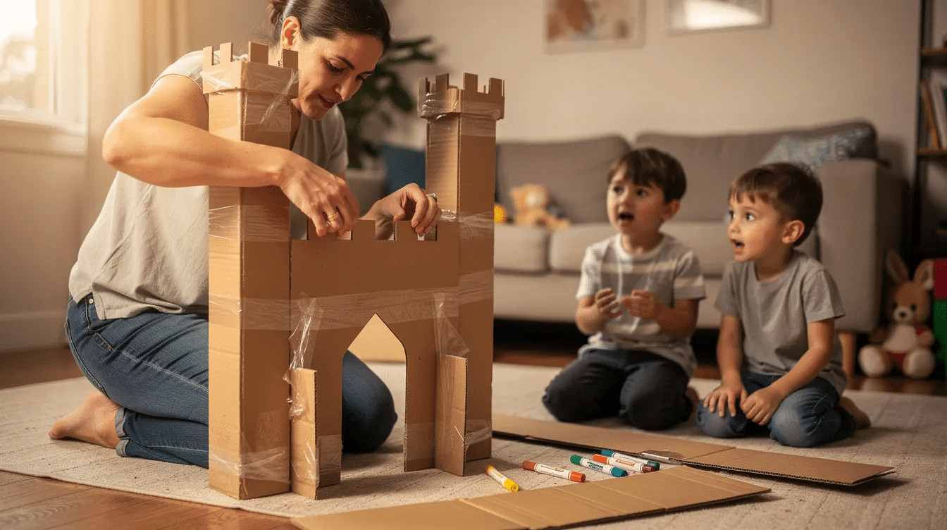 67cce454-61ef-439b-abbe-e7c263010ff4 An adult is carefully assembling the walls of a DIY cardboard castle using duct tape, while a group of excited children watches nearby, eager to join in the imaginative play. The cardboard box construction features windows and doors, promising hours of fun and creativity as they prepare to decorate their new castle.