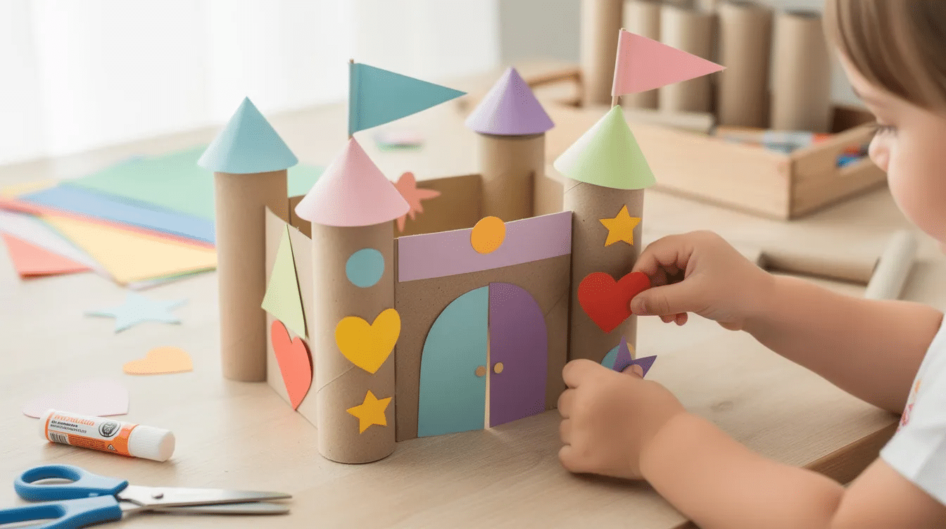 68dba1e9-d590-42d6-b53e-5fc0bde1c105 A colorful toddler-friendly cardboard castle crafted from toilet paper rolls and paper shapes sits on a craft table, complete with towers, a drawbridge, and decorative windows. This creative project showcases the use of recycled materials, encouraging kids to assemble and decorate their own castle using glue, scissors, and colored paper.