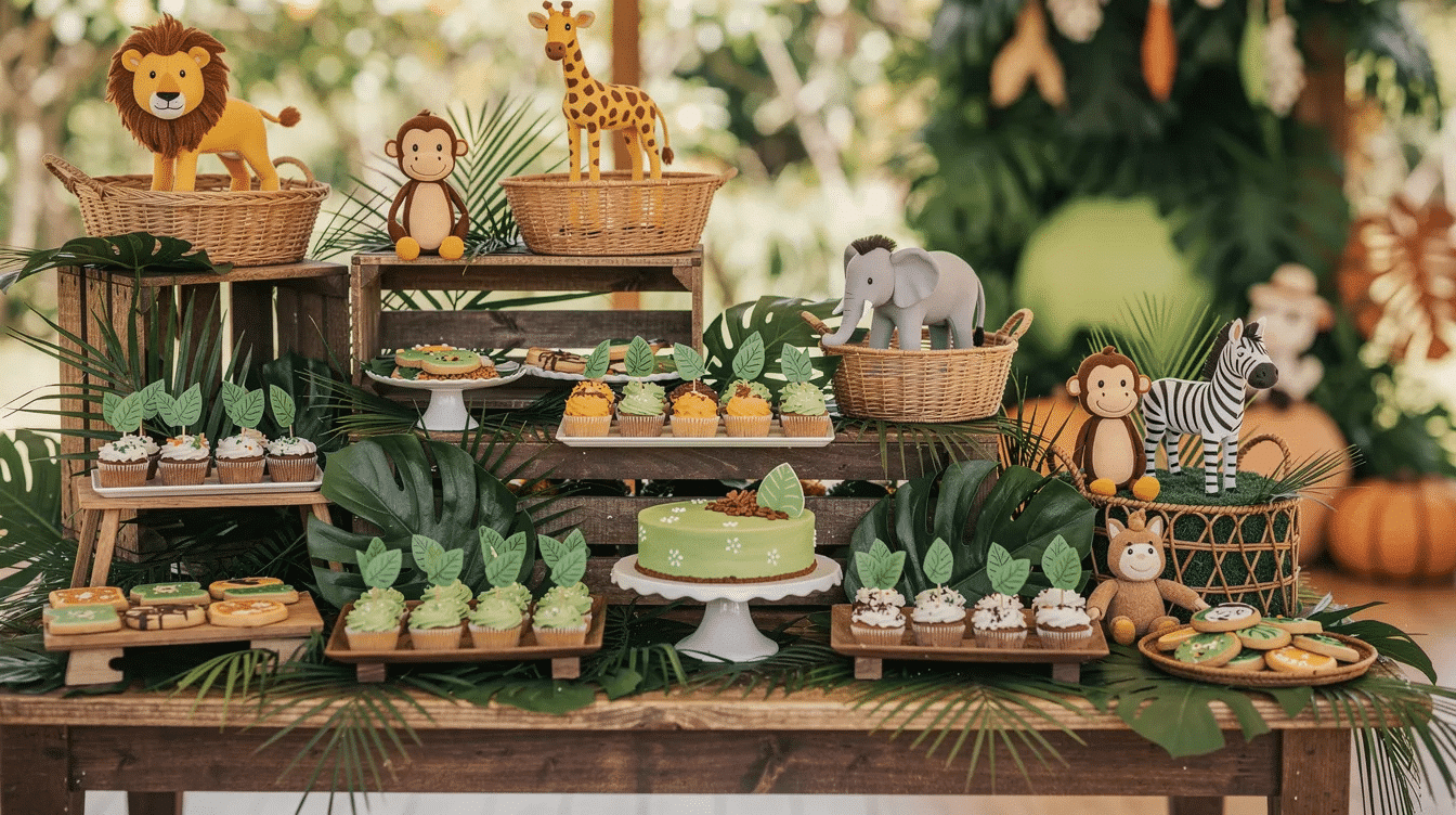 6a079fd7-9371-47f1-b750-dbd7a621cdd5 A vibrant tiered dessert table is adorned with jungle-themed DIY decorations, featuring colorful baskets, wooden crates, lush green palm fronds, and playful animal figures. This setup is perfect for a birthday party or baby shower, creating an inviting atmosphere for guests to celebrate in a wild, safari-inspired style.