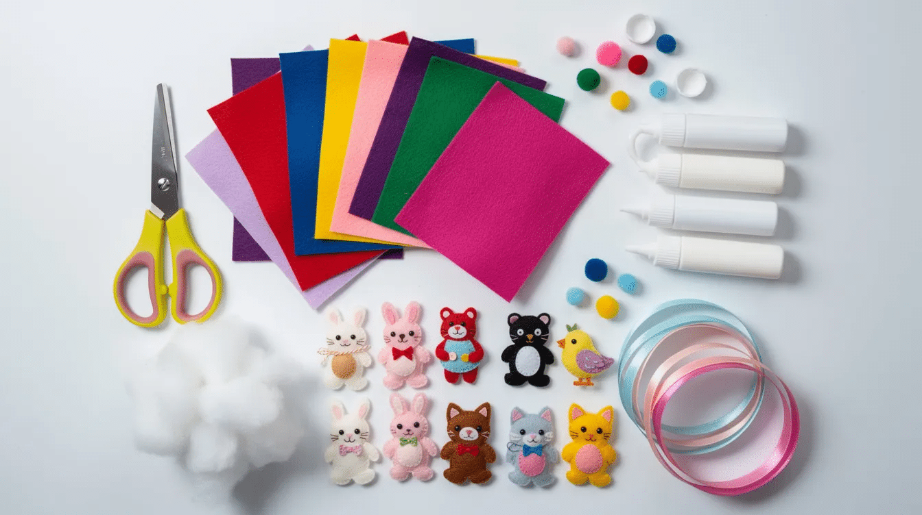 6a452e9c-c004-4e87-b6cd-560c773d4243 A flat lay arrangement showcases colorful felt sheets, scissors, glue sticks, stuffing, ribbon, pom poms, and small animal craft pieces, perfect for creating adorable felt animals. This vibrant collection of supplies invites kids and little ones to explore their creativity and make their own designs with so much fun!