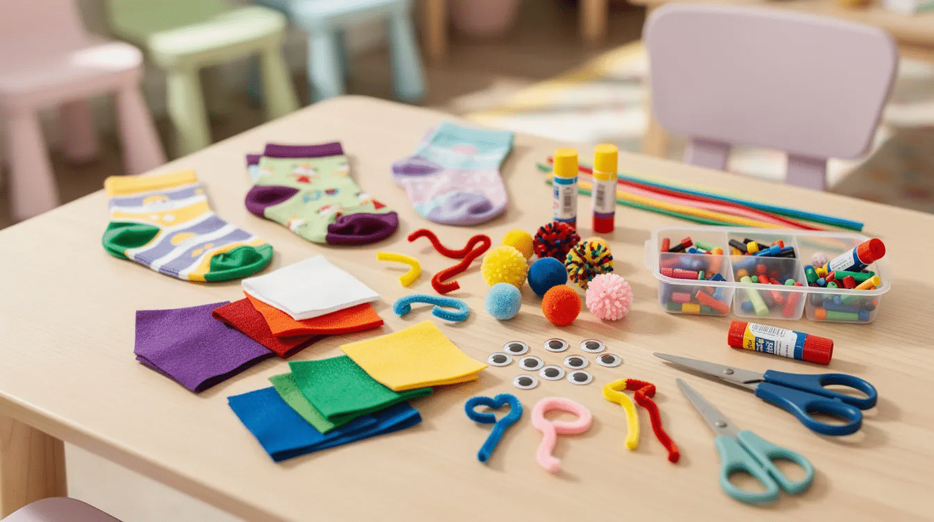 6a9e760d-a299-4f49-a4f2-445a53d453f8 The image shows a colorful craft table filled with various supplies for making sock puppets, including socks, felt pieces, pom poms, pipe cleaners, and googly eyes. Children can use these materials to create their own puppet friends, complete with unique mouth shapes and fun accessories.