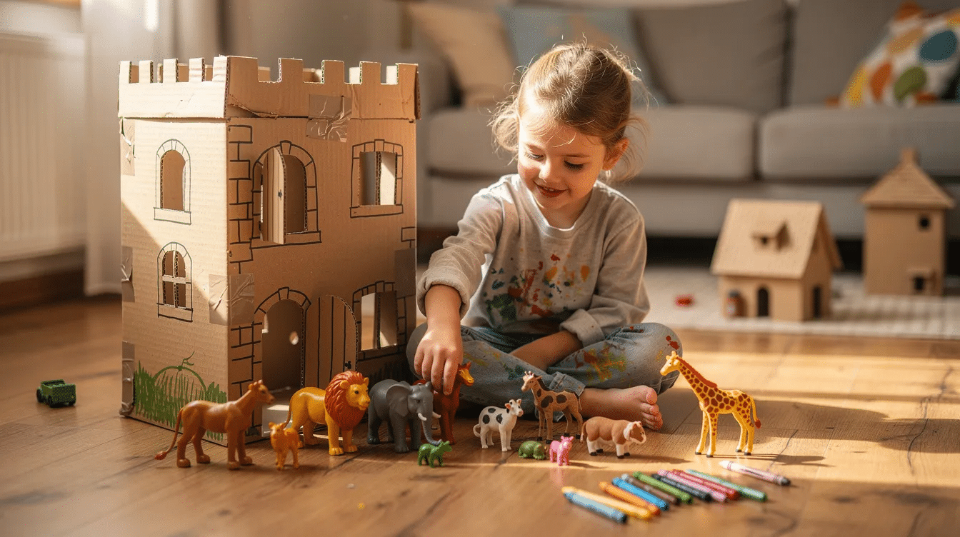 6d1c2e30-225f-4fd4-8e56-9dafe62eb684 A toddler is joyfully placing toy animals beside a creatively crafted castle made from recycled cardboard tubes, including toilet paper rolls and paper towel rolls. The colorful castle features walls, a drawbridge, and is adorned with finishing touches, showcasing the child's imaginative play at their craft table.