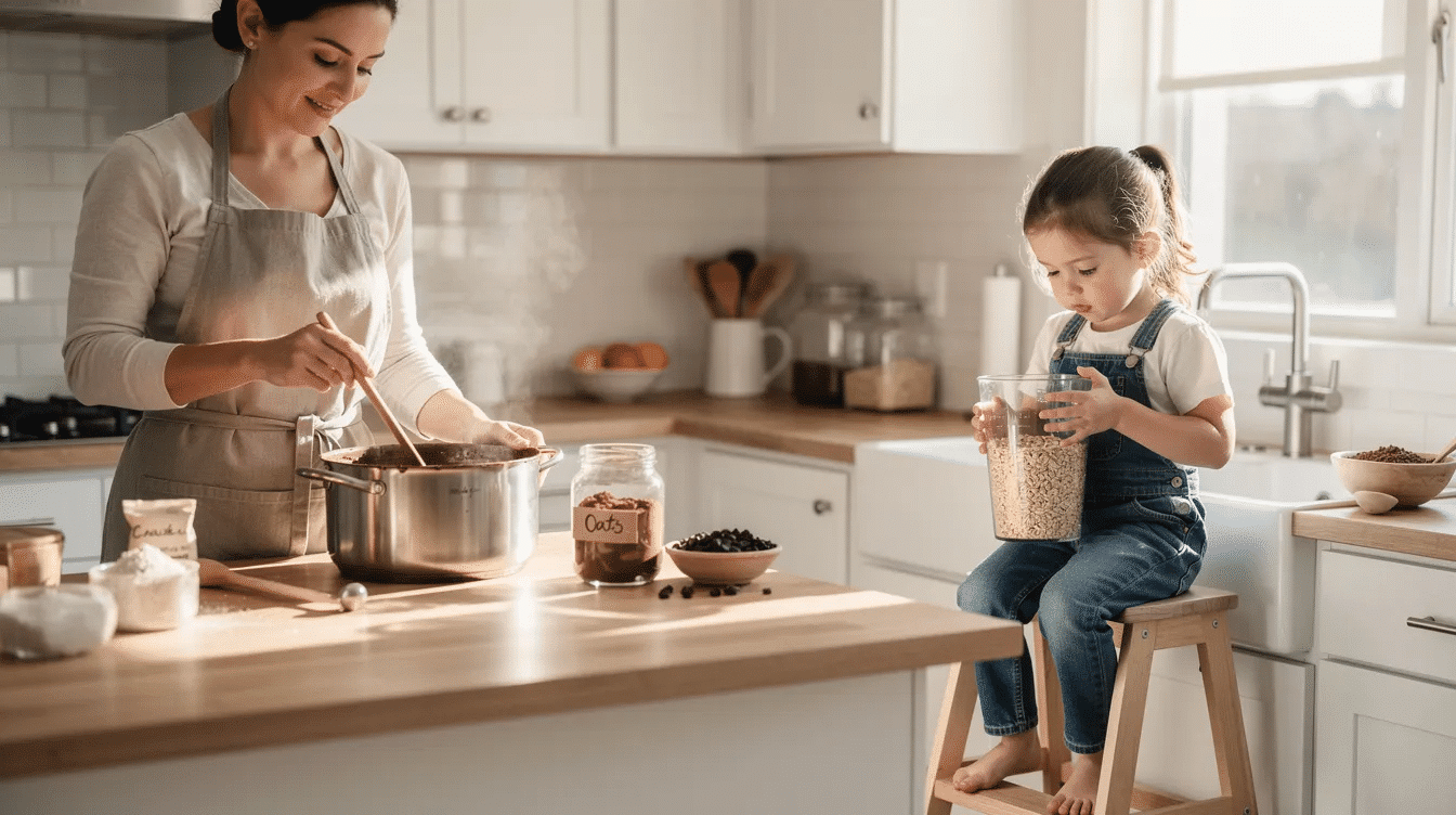 6fb4e50f-64f7-4bae-a02f-1c093654267b A parent is stirring a rich chocolate oat mixture in a medium saucepan, while a child measures out quick cooking oats at a separate counter, preparing to bake chocolate oatmeal cookies together. The scene captures a warm and engaging moment of cooking, filled with the delicious aroma of cocoa and the anticipation of a sweet treat.