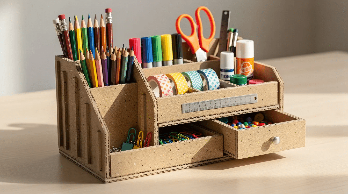 701fbb16-a6e2-4d8e-8e23-6091a7d13583 The image shows a colorful recycled cardboard desk organizer made from cereal boxes, filled with various craft supplies like pom poms, pipe cleaners, and googly eyes. This fun and creative project showcases how to repurpose cardboard into a handy storage solution for kids' art materials.