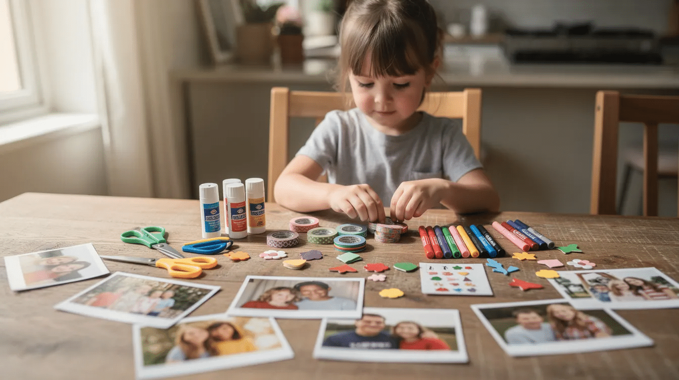 70a5035f-875a-462e-954e-c32c557c0e6b A child is happily arranging craft supplies, including scrapbook paper and decorative stickers, alongside family photos on a table, creating a layout for a travel scrapbook filled with special memories from family vacations. The scene captures the joy of crafting and preserving moments with loved ones.