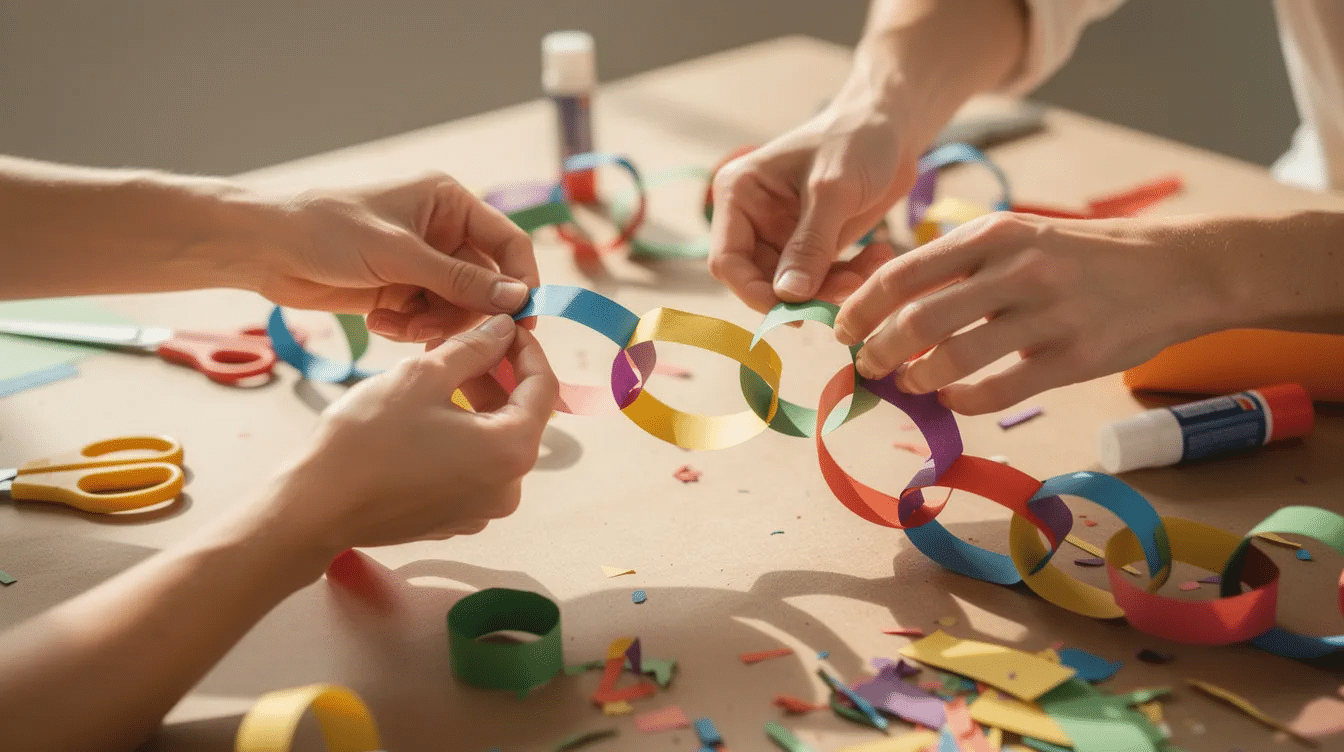 70aec1fc-2399-4a7d-a6d8-2cf62a341d0c Two hands are connecting colorful paper loops on a craft table, creating a vibrant paper chain garland. This fun activity showcases various colors and materials, perfect for birthday party decorations or holiday decor.